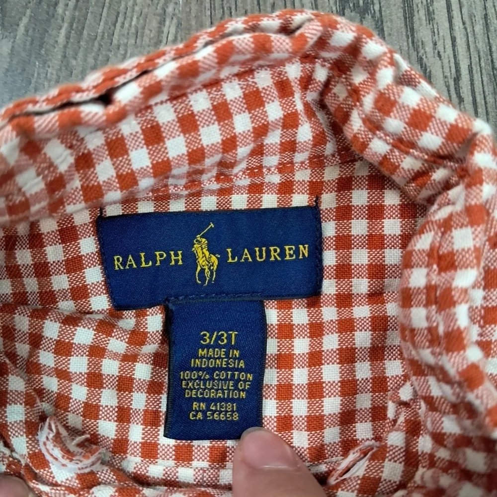 Ralph Lauren Boys Button Down Shirt Gingham Long Sleeve Orange Plaid 3T Pony
